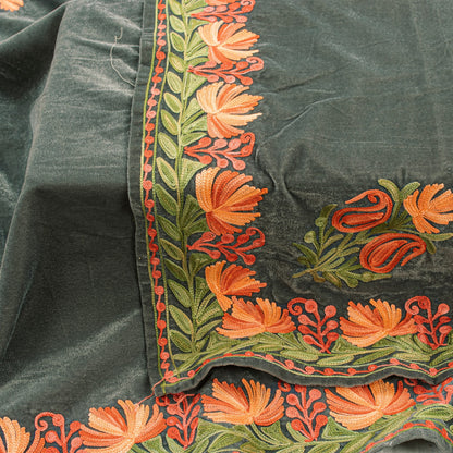 Sanskriti Vintage Long Gray Pure Woolen Aari Embroidered Neck Shawl Warm Stole