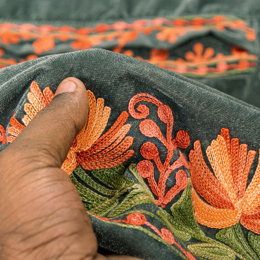 Sanskriti Vintage Long Gray Pure Woolen Aari Embroidered Neck Shawl Warm Stole