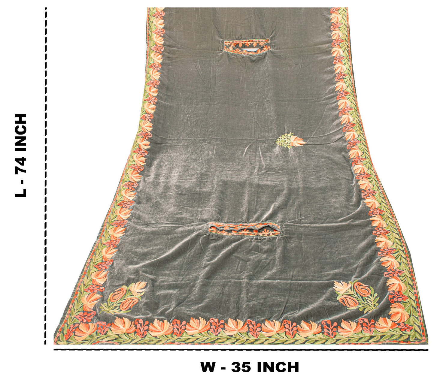 Sanskriti Vintage Long Gray Pure Woolen Aari Embroidered Neck Shawl Warm Stole