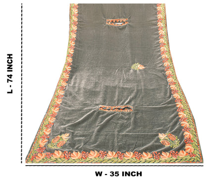 Sanskriti Vintage Long Gray Pure Woolen Aari Embroidered Neck Shawl Warm Stole