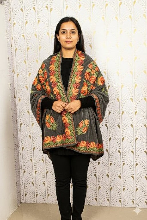 Sanskriti Vintage Long Gray Pure Woolen Aari Embroidered Neck Shawl Warm Stole