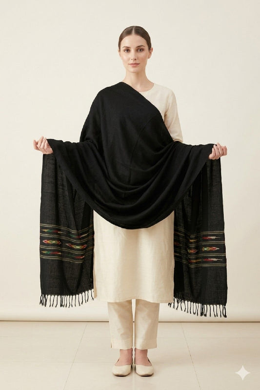 Sanskriti Vintage Black Soft Pure Wool Shawl Kullu Hand Woven/Loom Stole Scarf