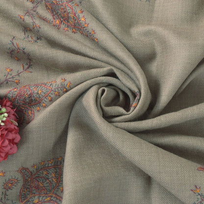 Sanskriti Vintage Gray Pure Wool Shawl Hand Embroidered Suzani Stole Scarf Wrap