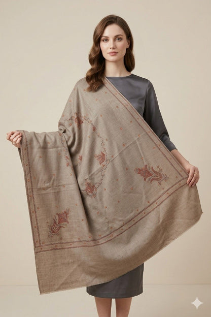 Sanskriti Vintage Gray Pure Wool Shawl Hand Embroidered Suzani Stole Scarf Wrap
