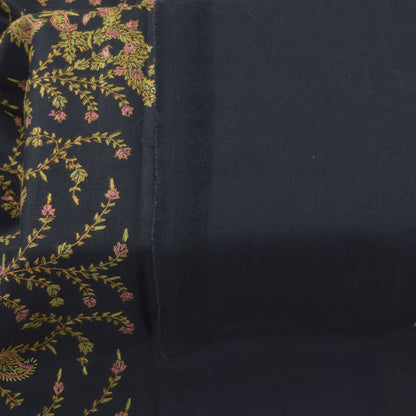 Sanskriti Vintage Black Pure Wool Shawl Hand Embroidered Suzani Stole Wrap Veil