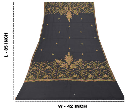 Sanskriti Vintage Black Pure Wool Shawl Hand Embroidered Suzani Stole Wrap Veil