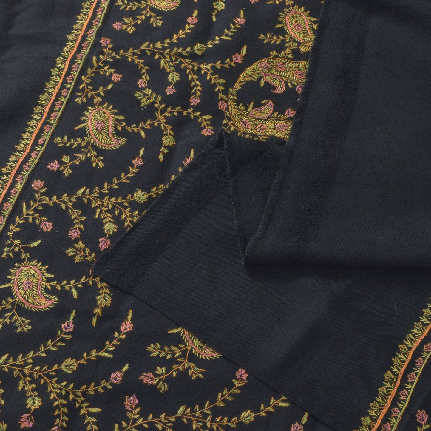 Sanskriti Vintage Black Pure Wool Shawl Hand Embroidered Suzani Stole Wrap Veil