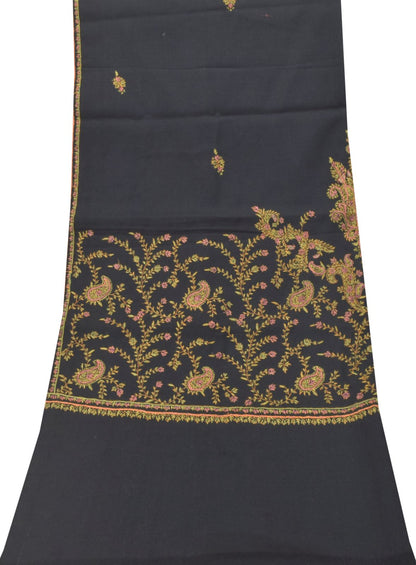 Sanskriti Vintage Black Pure Wool Shawl Hand Embroidered Suzani Stole Wrap Veil