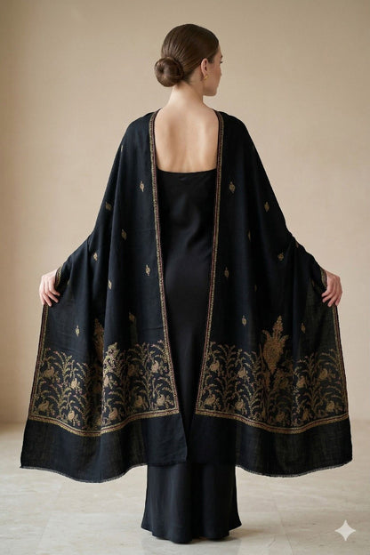 Sanskriti Vintage Black Pure Wool Shawl Hand Embroidered Suzani Stole Wrap Veil