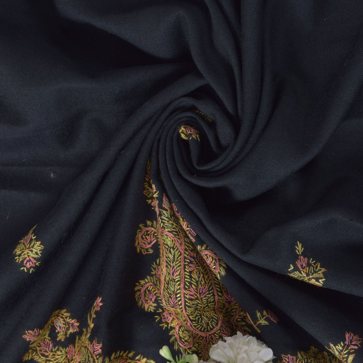 Sanskriti Vintage Black Pure Wool Shawl Hand Embroidered Suzani Stole Wrap Veil