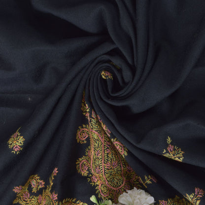 Sanskriti Vintage Black Pure Wool Shawl Hand Embroidered Suzani Stole Wrap Veil