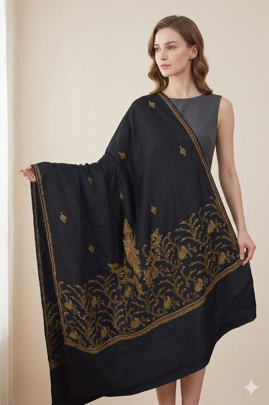 Sanskriti Vintage Black Pure Wool Shawl Hand Embroidered Suzani Stole Wrap Veil