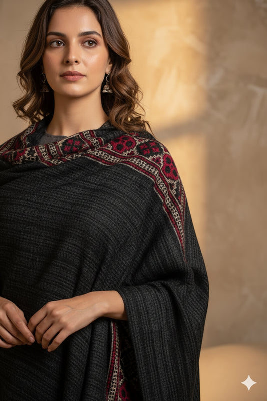 Sanskriti Vintage Long Indian Black Woolen Shawl Hand Woven Scarf Throw Stole