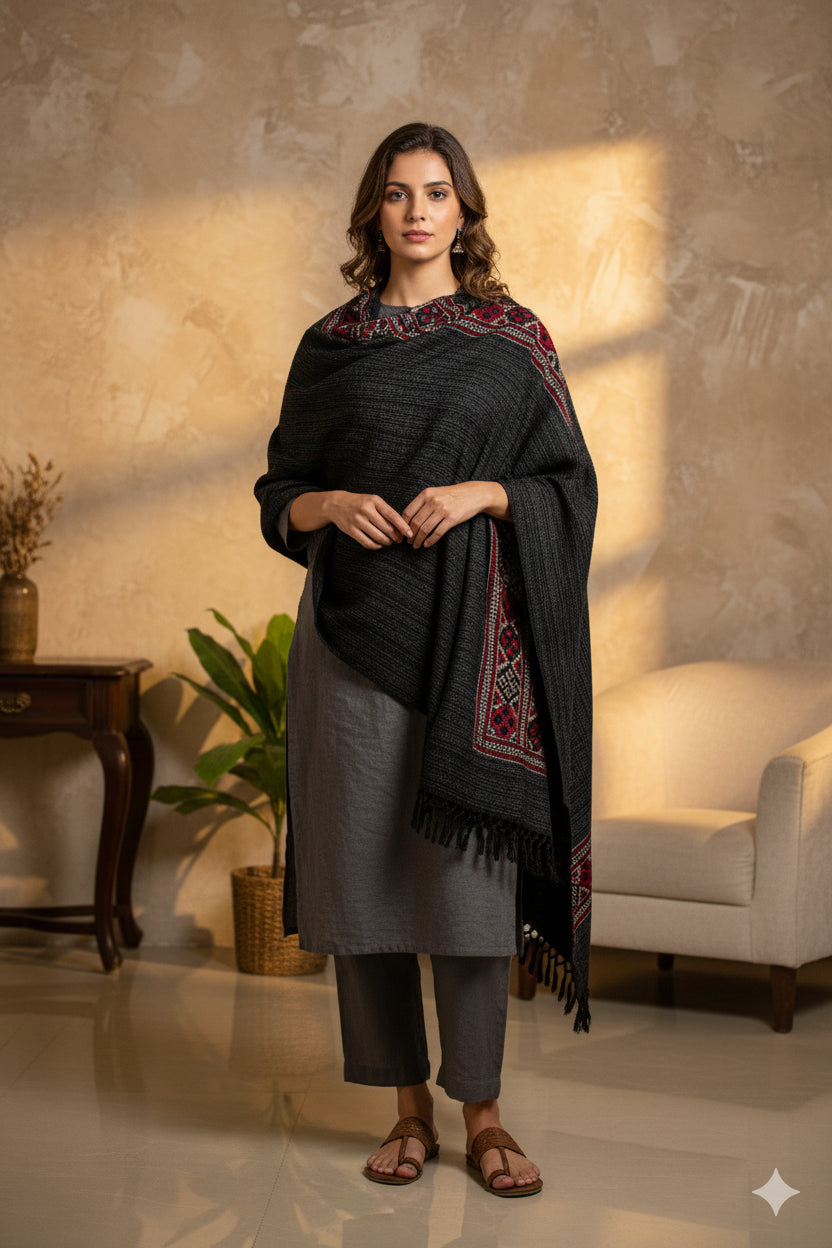 Sanskriti Vintage Long Indian Black Woolen Shawl Hand Woven Scarf Throw Stole