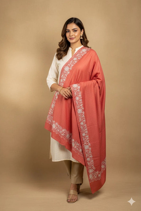 Sanskriti Vintage Long Peach Woolen Shawl Embroidered Aari Work ScarfThrow Stole