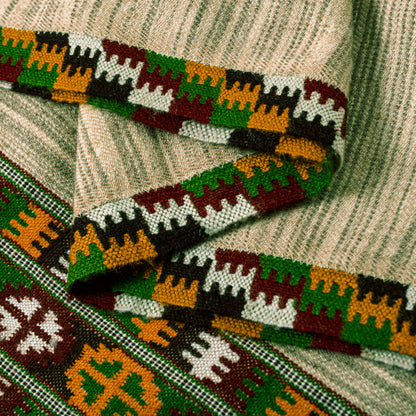 Sanskriti Vintage Long Cream Pure Woolen Shawl Woven Scarf Sustainable Stole