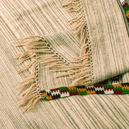 Sanskriti Vintage Cream Shawl 100% Pure Woolen Kullu Himachal Pradesh Of India Long Hand Woven Sustainable Stole Nect Head
