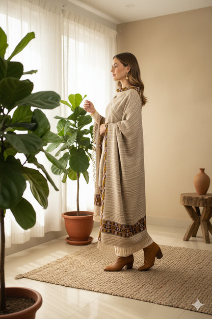 Sanskriti Vintage Cream Shawl 100% Pure Woolen Kullu Himachal Pradesh Of India Long Hand Woven Sustainable Stole Nect Head