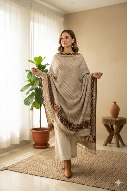 Sanskriti Vintage Cream Shawl 100% Pure Woolen Kullu Himachal Pradesh Of India Long Hand Woven Sustainable Stole Nect Head