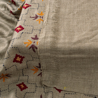 Sanskriti Vintage Long Gray Woolen Shawl Hand Embroidered Scarf Throw Head Stole