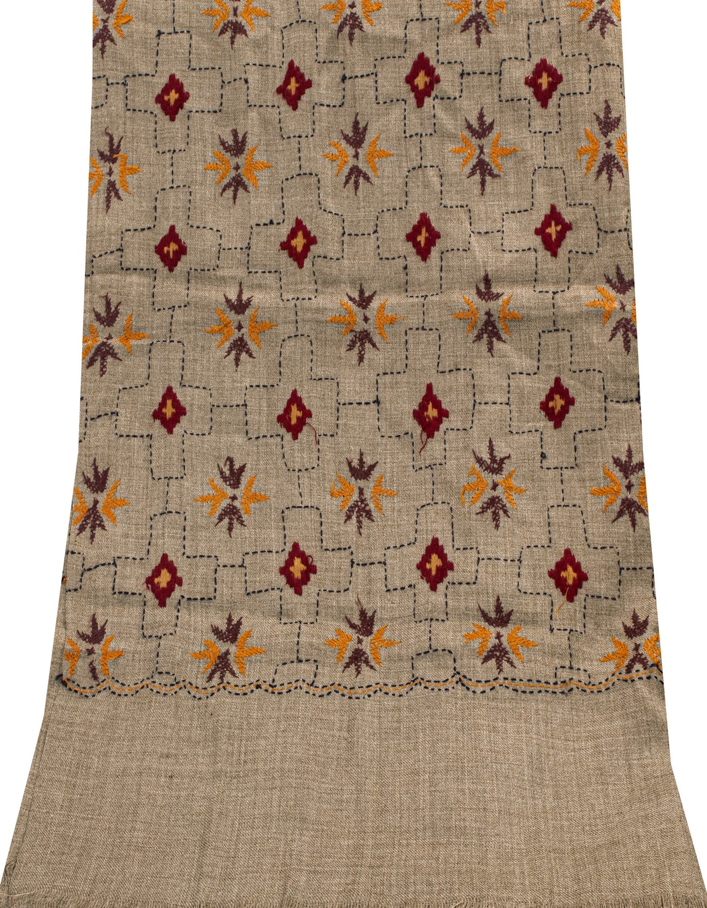 Sanskriti Vintage Long Gray Woolen Shawl Hand Embroidered Scarf Throw Head Stole