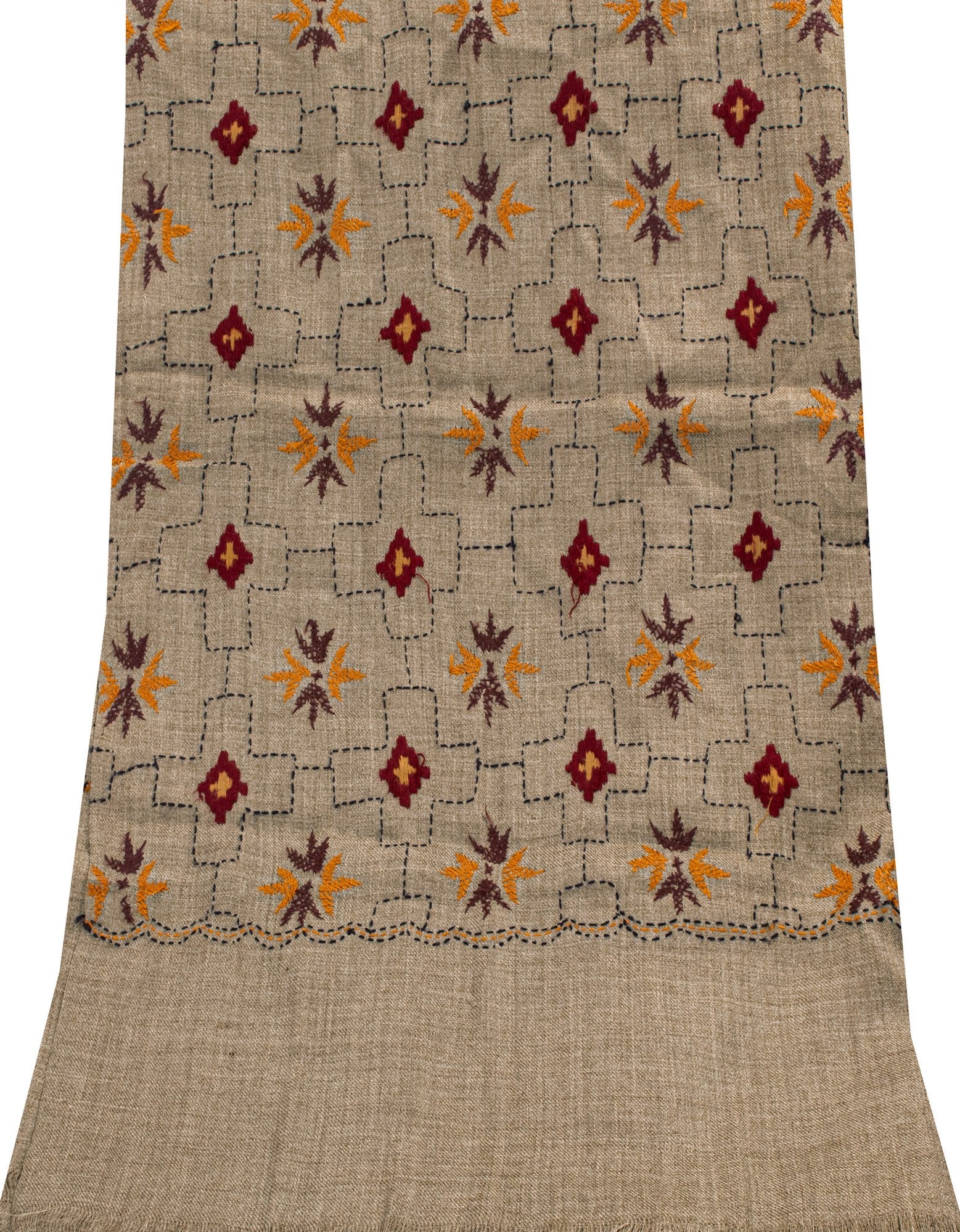 Sanskriti Vintage Long Gray Woolen Shawl Hand Embroidered Scarf Throw Head Stole