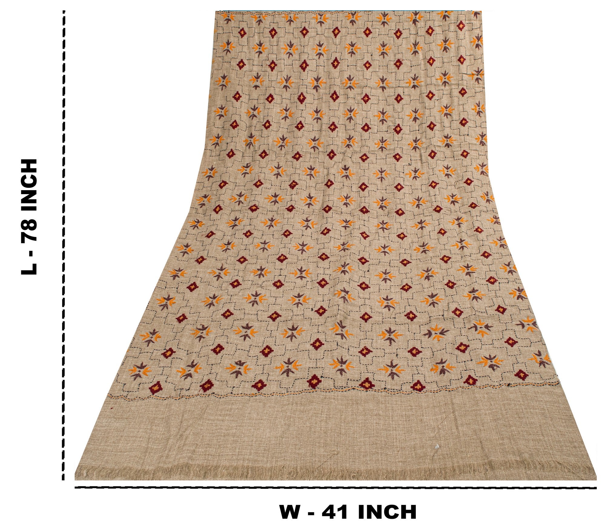 Sanskriti Vintage Long Gray Woolen Shawl Hand Embroidered Scarf Throw Head Stole