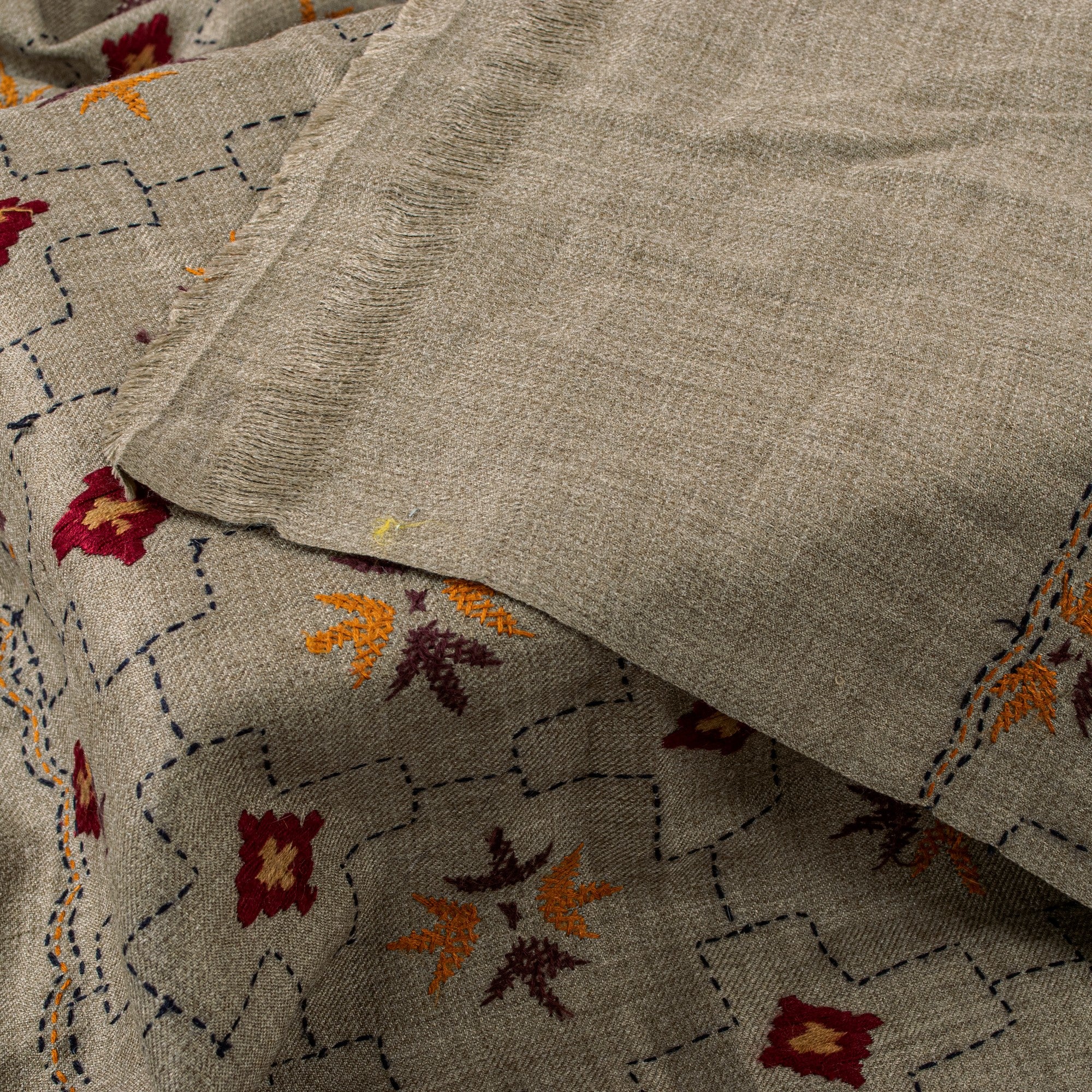 Sanskriti Vintage Long Gray Woolen Shawl Hand Embroidered Scarf Throw Head Stole