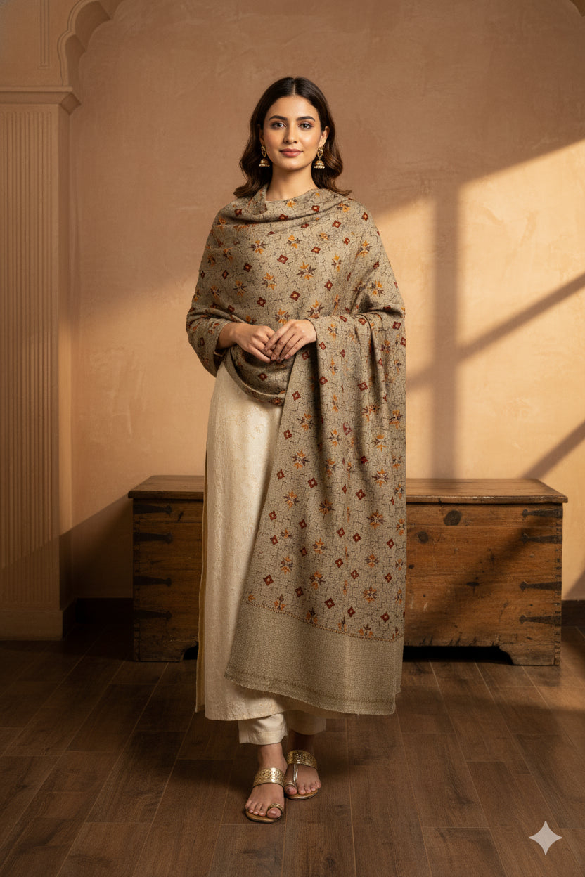 Sanskriti Vintage Long Gray Woolen Shawl Hand Embroidered Scarf Throw Head Stole