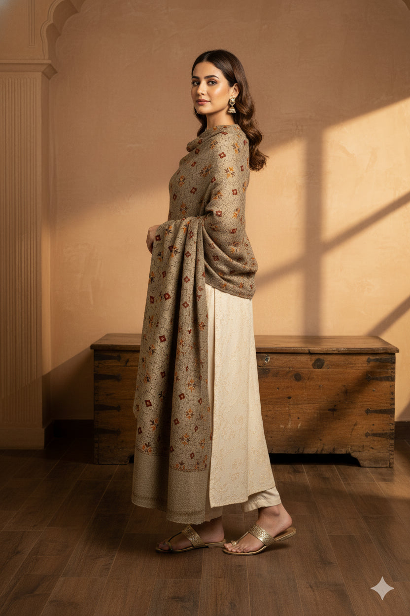 Sanskriti Vintage Long Gray Woolen Shawl Hand Embroidered Scarf Throw Head Stole