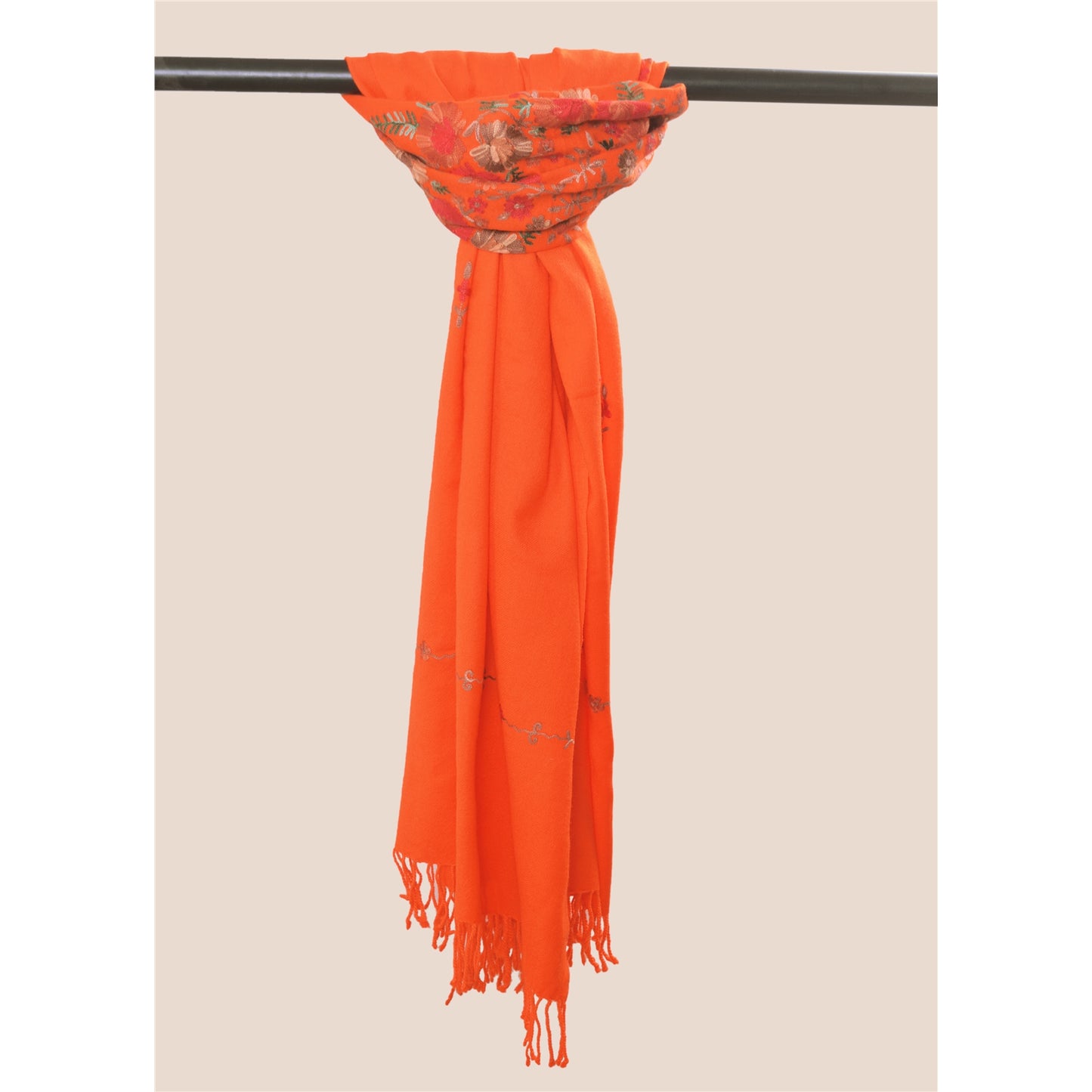 Sanskriti Vintage Long Shawl Hand Embroidered Aari Pure Woolen Orange Stole