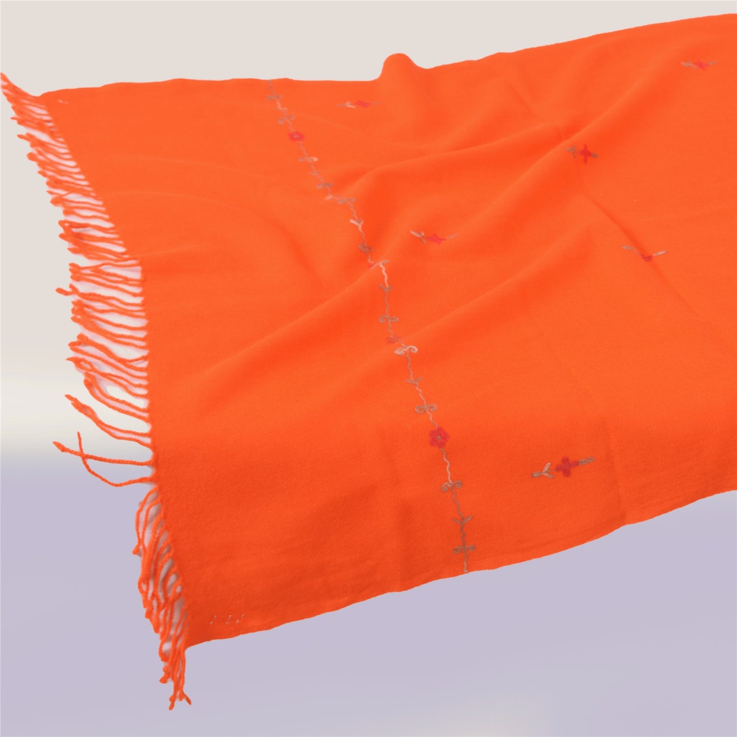 Sanskriti Vintage Long Shawl Hand Embroidered Aari Pure Woolen Orange Stole