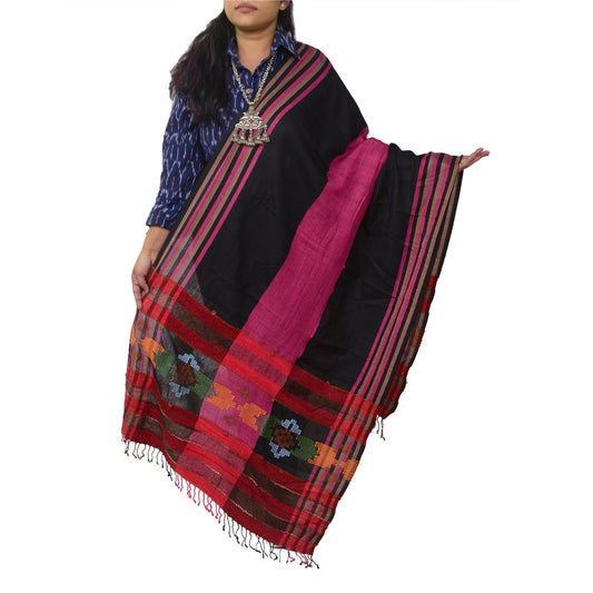 Sanskriti Vintage Pink/Black Long Woollen Shawl Embroidered Woven Scarf Stole
