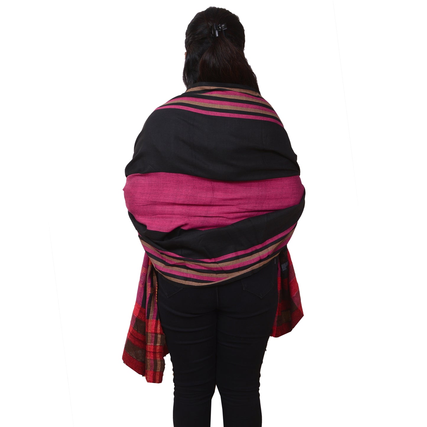 Sanskriti Vintage Pink/Black Long Woollen Shawl Embroidered Woven Scarf Stole