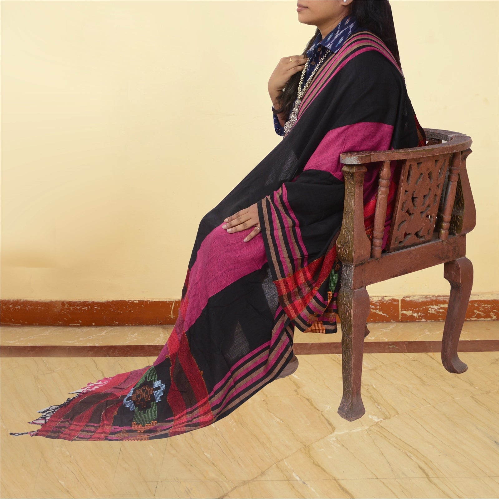 Sanskriti Vintage Pink/Black Long Woollen Shawl Embroidered Woven Scarf Stole