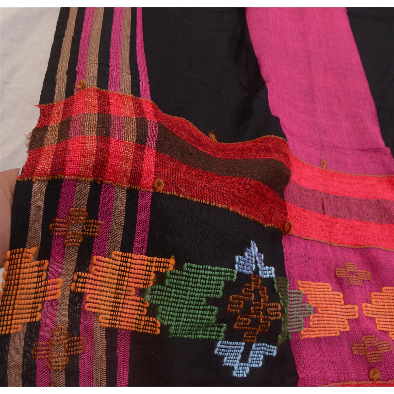 Sanskriti Vintage Pink/Black Long Woollen Shawl Embroidered Woven Scarf Stole