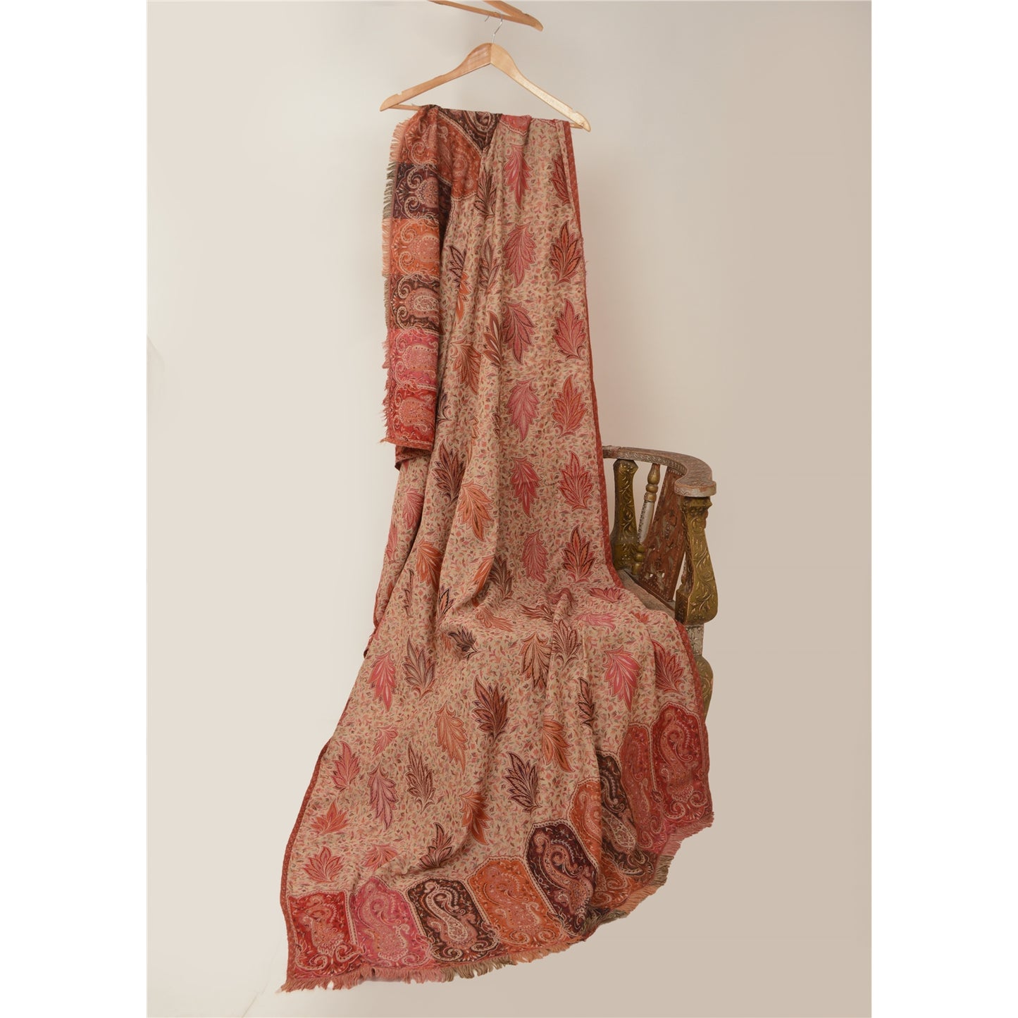 Sanskriti Vintage Indian Woven Shawl Scarf Viscose Cream Stole Throw Warm Stole