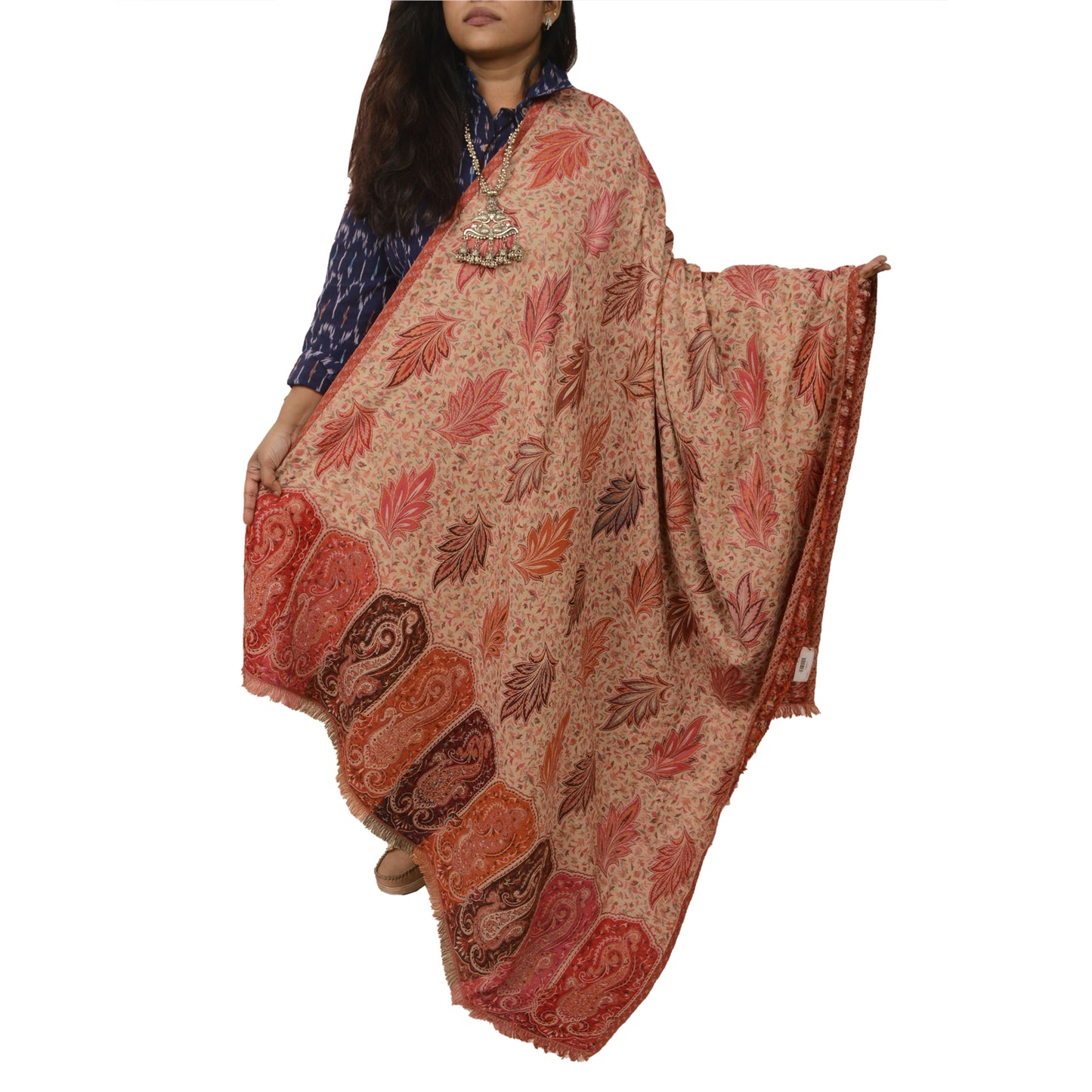 Sanskriti Vintage Indian Woven Shawl Scarf Viscose Cream Stole Throw Warm Stole