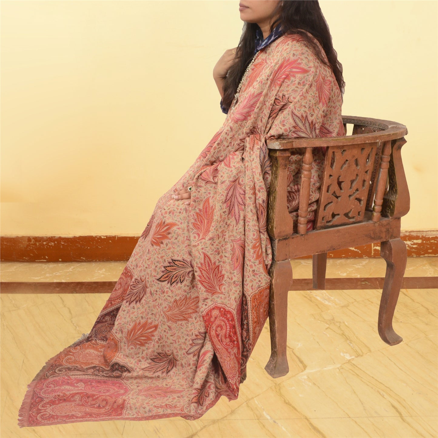Sanskriti Vintage Indian Woven Shawl Scarf Viscose Cream Stole Throw Warm Stole