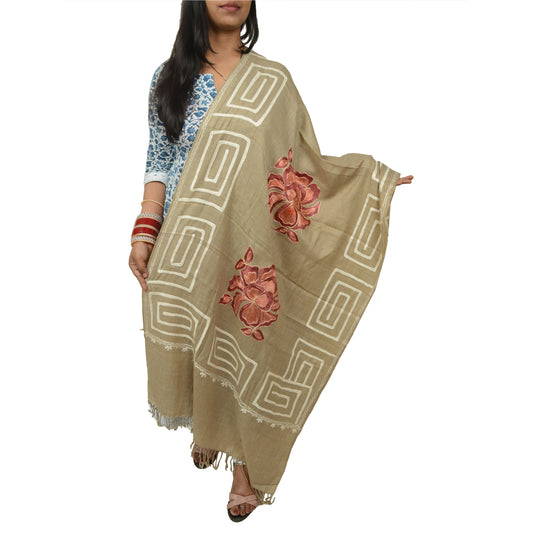 Sanskriti Vintage Hand Embroidered Aari Shawl Scarf Pure Woollen Stole Brown
