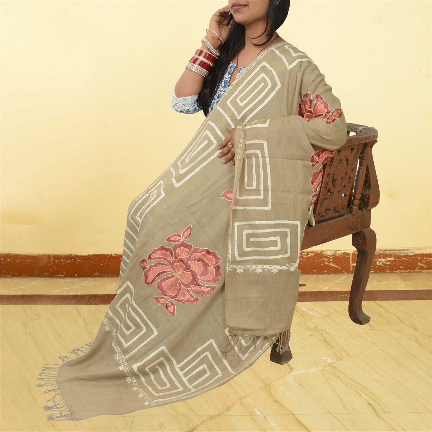 Sanskriti Vintage Hand Embroidered Aari Shawl Scarf Pure Woollen Stole Brown