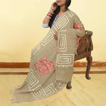Sanskriti Vintage Hand Embroidered Aari Shawl Scarf Pure Woollen Stole Brown