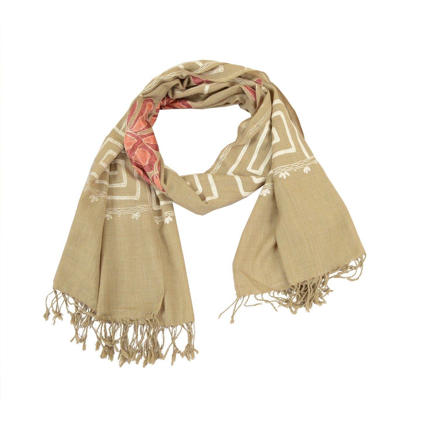 Sanskriti Vintage Hand Embroidered Aari Shawl Scarf Pure Woollen Stole Brown
