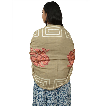 Sanskriti Vintage Hand Embroidered Aari Shawl Scarf Pure Woollen Stole Brown