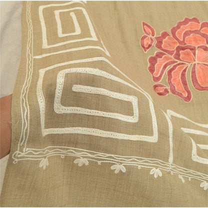 Sanskriti Vintage Hand Embroidered Aari Shawl Scarf Pure Woollen Stole Brown
