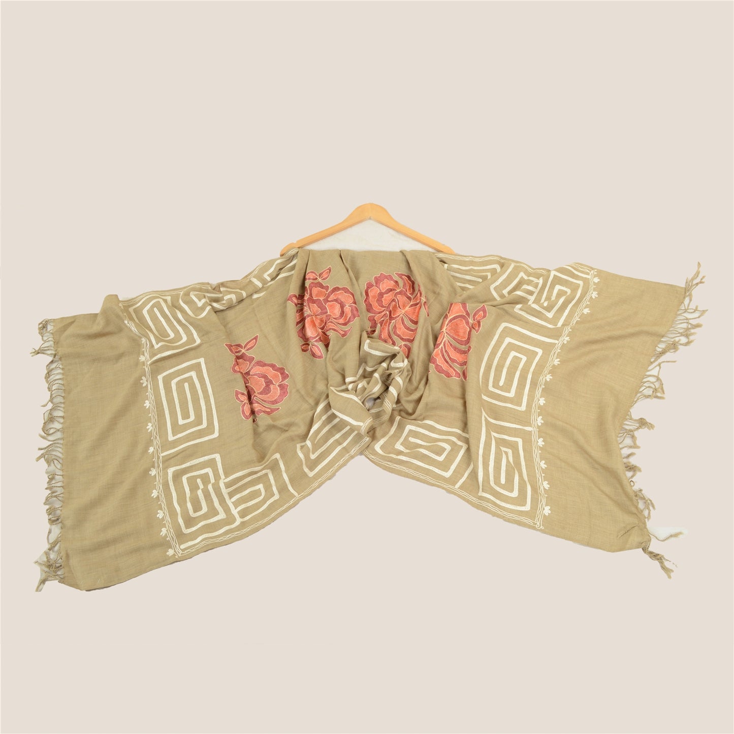 Sanskriti Vintage Hand Embroidered Aari Shawl Scarf Pure Woollen Stole Brown