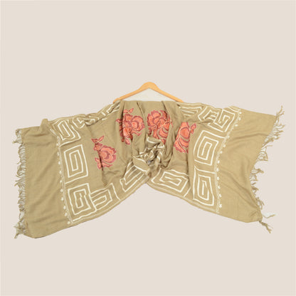 Sanskriti Vintage Hand Embroidered Aari Shawl Scarf Pure Woollen Stole Brown