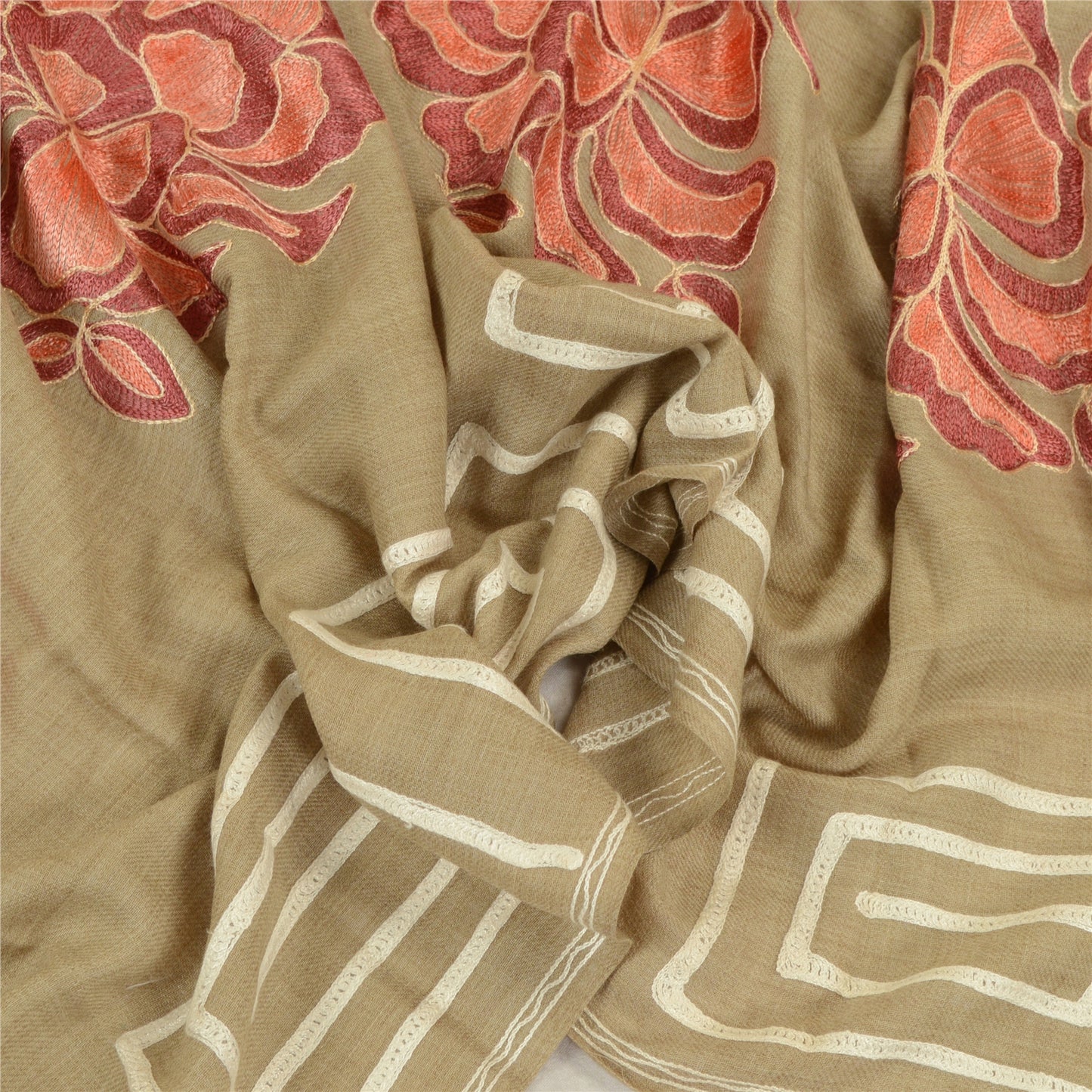 Sanskriti Vintage Hand Embroidered Aari Shawl Scarf Pure Woollen Stole Brown