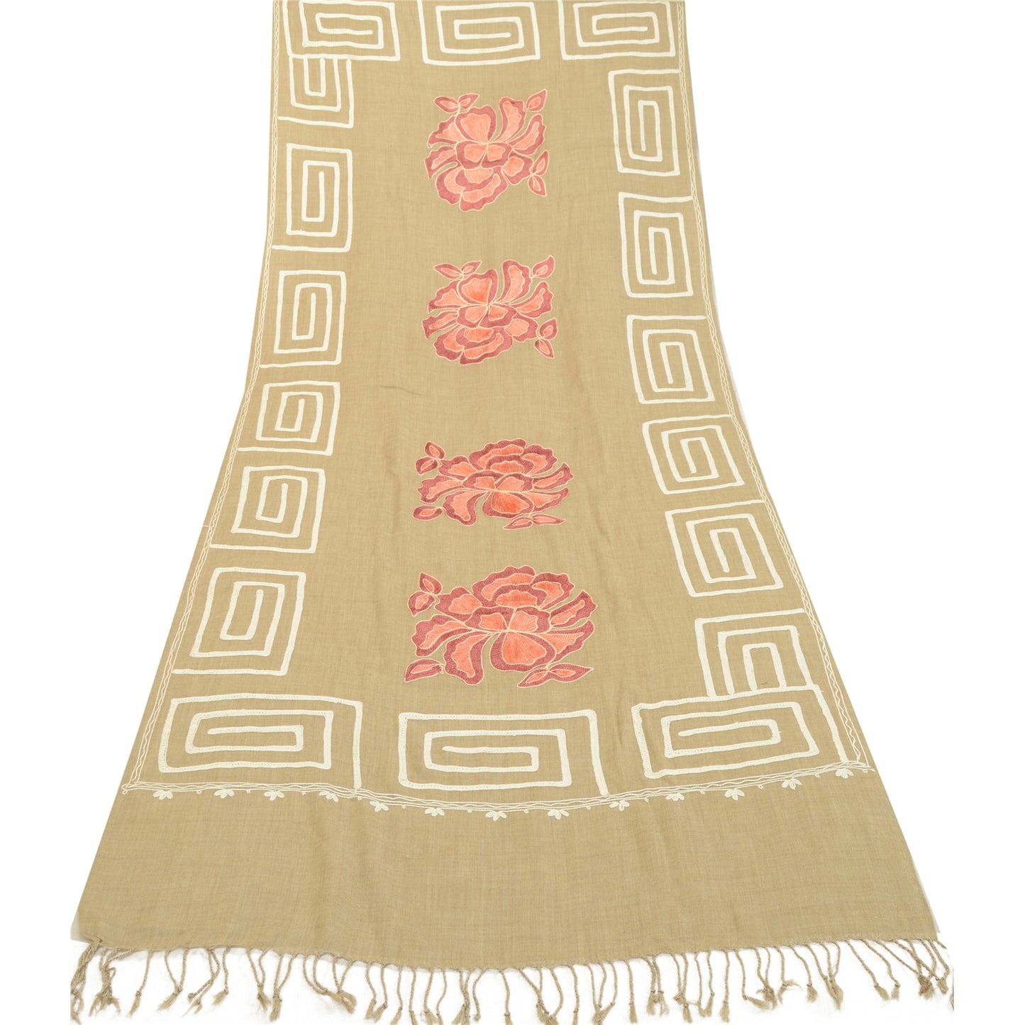Sanskriti Vintage Hand Embroidered Aari Shawl Scarf Pure Woollen Stole Brown