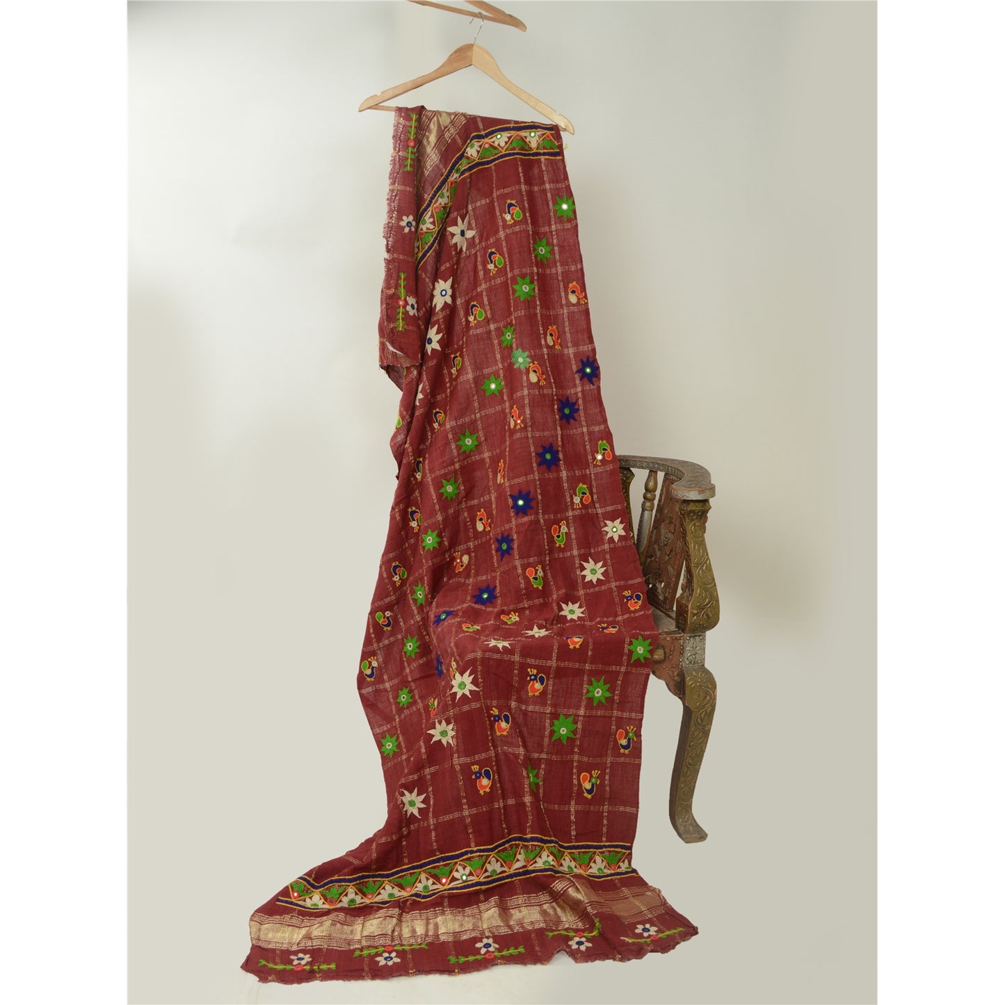 Sanskriti Vintage Indian Hand Embroidered Kutch Work Cotton Shawl Scarf Stole
